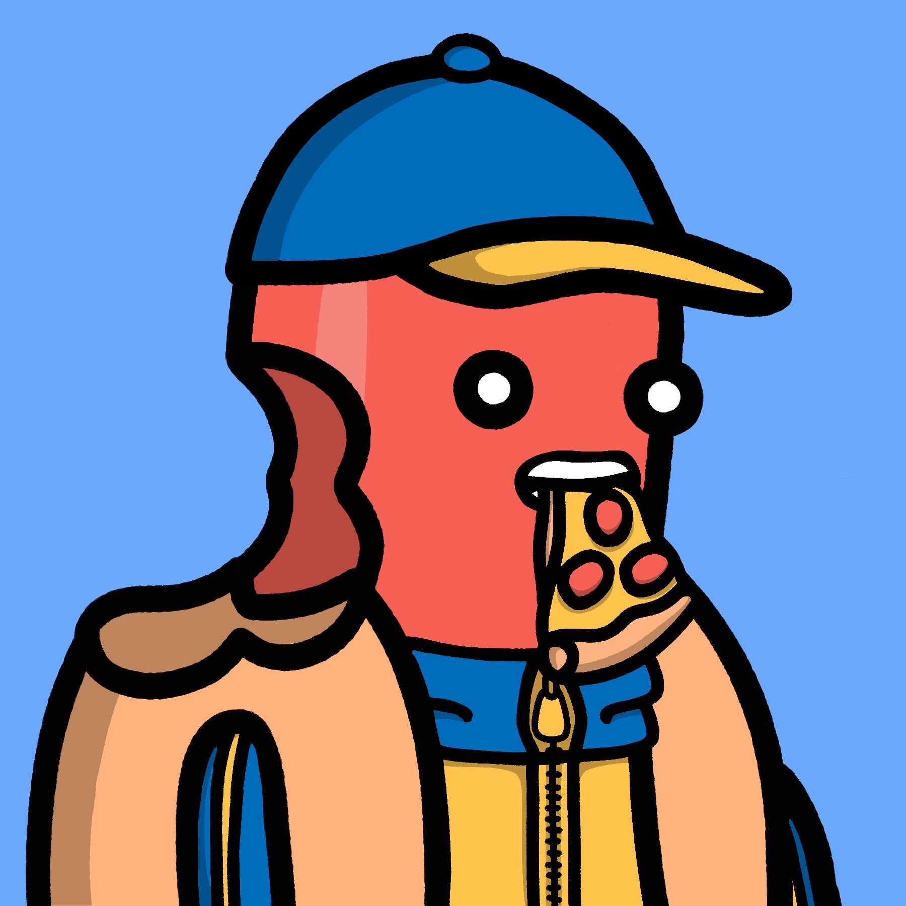 Mager’s illustrated avatar, wearing a cap and eating a hot dog.